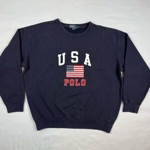 Vtg Polo Ralph Lauren Mens USA Flag Crewneck Sweatshirt Large 90s Spell Out A9